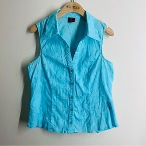 Tribal Blue Sleeveless Textured Button Down Blouse size 12 made in Bulgaria